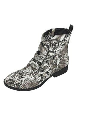 Qupid Vinci-58 Black and White Snake Print Ankle Booties | Multi-Strap Studded